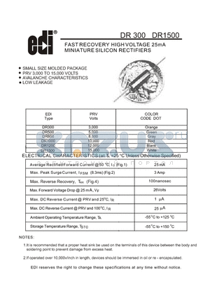 DR300 datasheet - FAST RECOVERY HIGH VOLTAGE 25mA MINIATURE SILICON RECTIFIERS