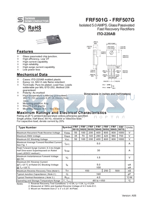 FRF507G datasheet - Isolated 5.0 AMPS. Glass Passivated Fast Recovery Rectifiers