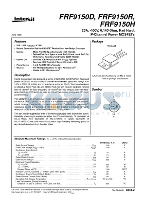 FRF9150R datasheet - 23A, -100V, 0.140 Ohm, Rad Hard, P-Channel Power MOSFETs