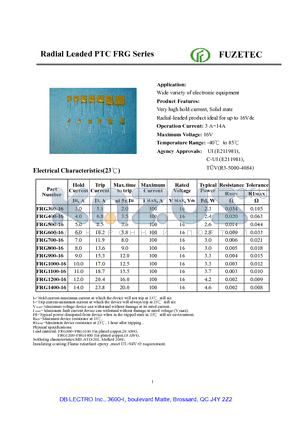 FRG1100-16 datasheet - Radial Leaded PTC FRG Series