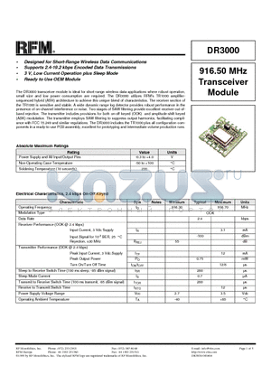 DR3000 datasheet - 916.50 MHz Transceiver Module