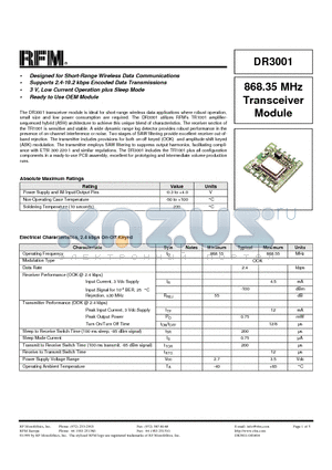 DR3001 datasheet - 868.35 MHz Transceiver Module