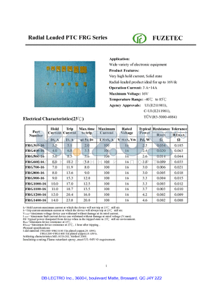 FRG800-16 datasheet - Radial Leaded PTC FRG Series
