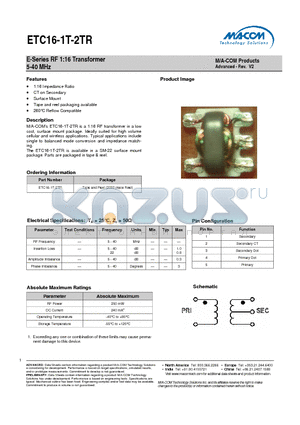 ETC16-1T-2TR datasheet - E-Series RF 1:16 Transformer 5-40 MHz