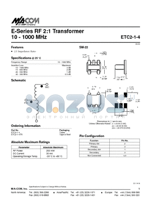 ETC2-1-4TR datasheet - E-Series RF 2:1 Transformer 10 - 1000 MHz