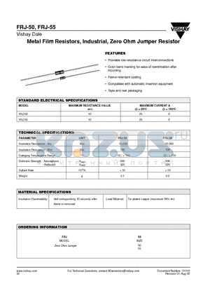 FRJ-50 datasheet - Metal Film Resistors, Industrial, Zero Ohm Jumper Resistor