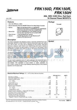 FRK150D datasheet - 40A, 100V, 0.055 Ohm, Rad Hard, N-Channel Power MOSFETs