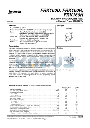 FRK160H datasheet - 50A, 100V, 0.040 Ohm, Rad Hard, N-Channel Power MOSFETs