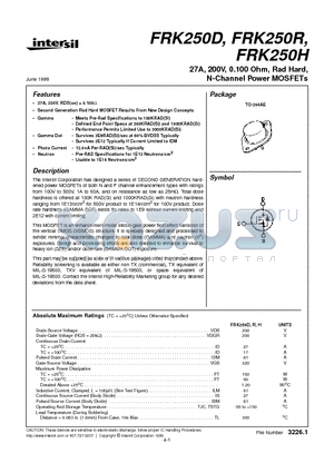 FRK250D datasheet - 27A, 200V, 0.100 Ohm, Rad Hard, N-Channel Power MOSFETs