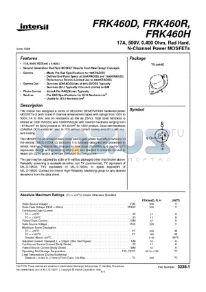 FRK460D datasheet - 17A, 500V, 0.400 Ohm, Rad Hard, N-Channel Power MOSFETs