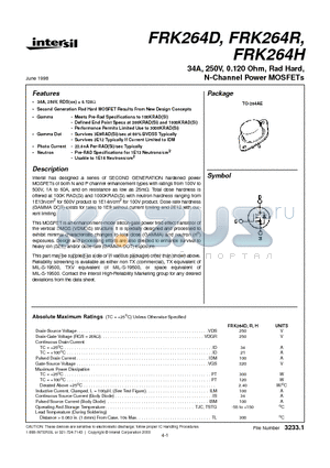 FRK264H datasheet - 34A, 250V, 0.120 Ohm, Rad Hard, N-Channel Power MOSFETs