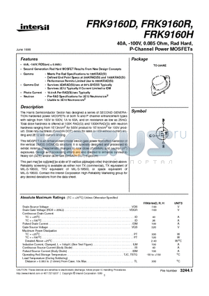 FRK9160R datasheet - 40A, -100V, 0.085 Ohm, Rad Hard, P-Channel Power MOSFETs