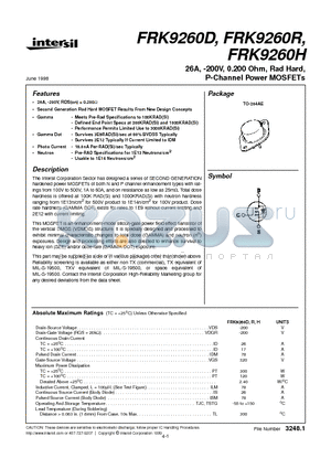 FRK9260D datasheet - 26A, -200V, 0.200 Ohm, Rad Hard, P-Channel Power MOSFETs