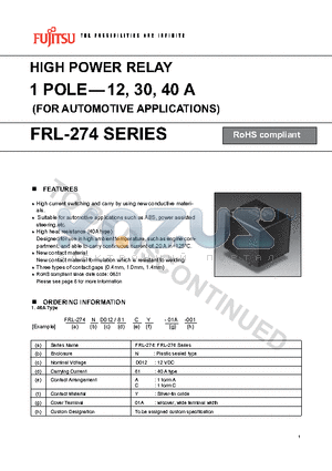 FRL-274 datasheet - HIGH POWER RELAY 1 POLE-12, 30, 40 A (FOR AUTOMOTIVE APPLICATIONS)