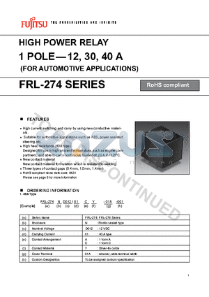 FRL-274ND009/01AY-01A datasheet - HIGH POWER RELAY 1 POLE-12, 30, 40 A (FOR AUTOMOTIVE APPLICATIONS)