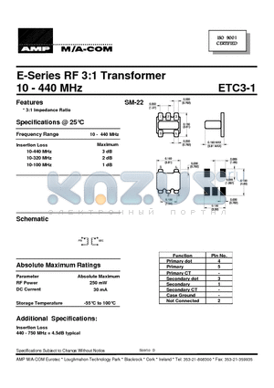 ETC3-1 datasheet - E-Series RF 3:1 Transformer 10 - 440 MHz