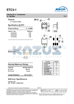 ETC3-1 datasheet - E-Series RF 3:1 Transformer 10 - 440 MHz