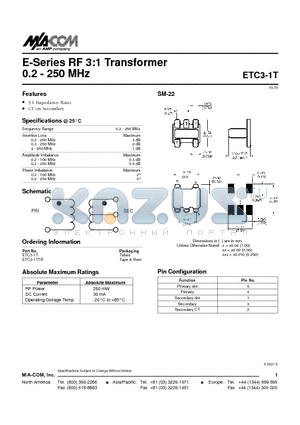 ETC3-1T datasheet - E-Series RF 3:1 Transformer 0.2 - 250 MHz