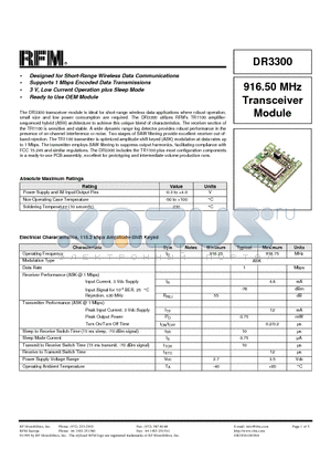 DR3300 datasheet - 916.50 MHz Transceiver Module