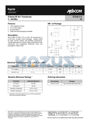 ETC36-1T-2 datasheet - E-Series RF 36:1 Transformer 5 - 400 MHz