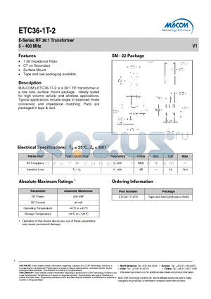 ETC36-1T-2 datasheet - E-Series RF 36:1 Transformer 5 - 400 MHz