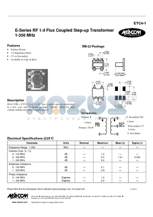 ETC4-1 datasheet - E-Series RF 1:4 Flux Coupled Step-up Transformer 1-350 MHz