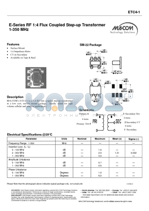 ETC4-1 datasheet - E-Series RF 1:4 Flux Coupled Step-up Transformer 1-350 MHz