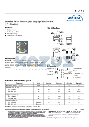 ETC4-1-2 datasheet - E-Series RF 1:4 Flux Coupled Step-up Transformer 2.0 - 800 MHz
