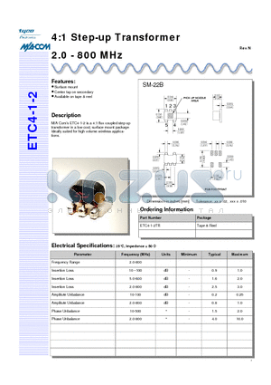 ETC4-1-2_1 datasheet - 4:1 Step-up Transformer 2.0 - 800 MHz