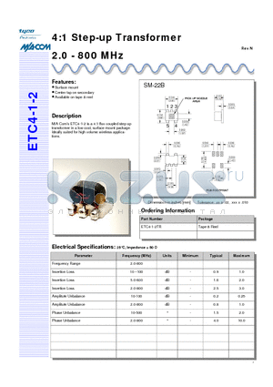 ETC4-1-2TR datasheet - 4:1 Step-up Transformer 2.0 - 800 MHz