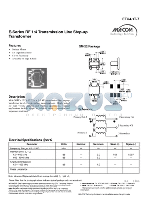 ETC4-1T-7 datasheet - E-Series RF 1:4 Transmission Line Step-up Transformer