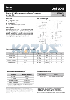 ETC4-1T-7TR datasheet - E-Series RF 1:4 Transmission Line Step-up Transformer 6 - 1000 MHz