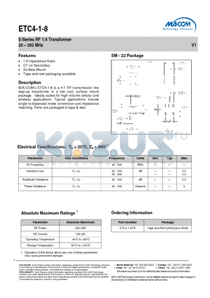 ETC4-1-8TR datasheet - E-Series RF 1:4 Transformer 20 - 350 MHz