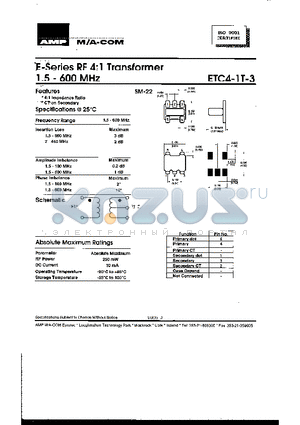 ETC4-1T-3 datasheet - E-Series RF 4:1 Transformer 1.5-600MHz