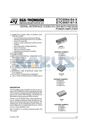 ETC5064 datasheet - POWER AMPLIFIER SERIAL INTERFACE CODEC/FILTERWITH RECEIVE