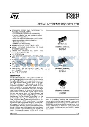 ETC5054N datasheet - SERIAL INTERFACE CODEC/FILTER