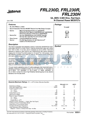 FRL230H datasheet - 5A, 200V, 0.500 Ohm, Rad Hard, N-Channel Power MOSFETs