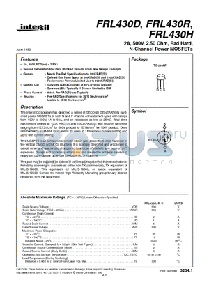 FRL430R datasheet - 2A, 500V, 2.50 Ohm, Rad Hard, N-Channel Power MOSFETs