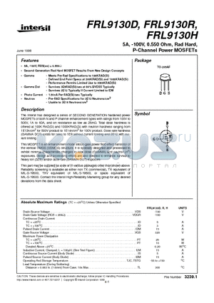 FRL9130D datasheet - 5A, -100V, 0.550 Ohm, Rad Hard, P-Channel Power MOSFETs