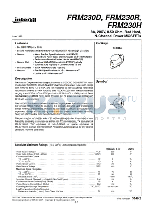 FRM230H datasheet - 8A, 200V, 0.50 Ohm, Rad Hard, N-Channel Power MOSFETs