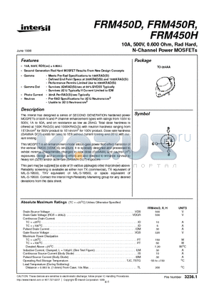 FRM450D datasheet - 10A, 500V, 0.600 Ohm, Rad Hard, N-Channel Power MOSFETs