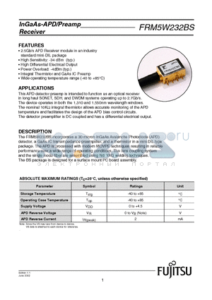 FRM5W232BS datasheet - Incorporates a 30 micron InGaAs Avalanche Photodiode