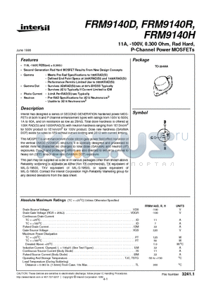 FRM9140H datasheet - 11A, -100V, 0.300 Ohm, Rad Hard, P-Channel Power MOSFETs