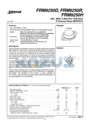 FRM9250D datasheet - 16A, -200V, 0.300 Ohm, Rad Hard, P-Channel Power MOSFETs
