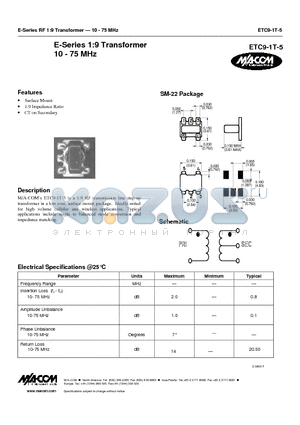 ETC9-1T-5 datasheet - E-Series 1:9 Transformer 10 - 75 MHz