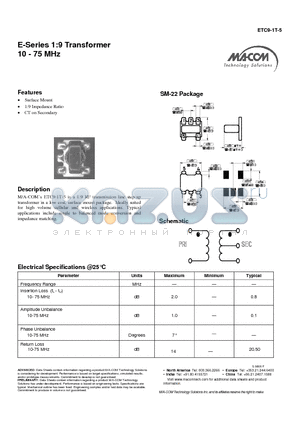 ETC9-1T-5 datasheet - E-Series 1:9 Transformer 10 - 75 MHz