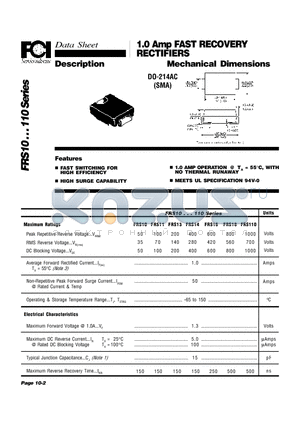 FRS110 datasheet - 1.0 Amp FAST RECOVERY RECTIFIERS Mechanical Dimensions