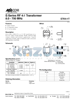 ETK4-1TTR datasheet - E-Series RF 4:1 Transformer 8.0 - 750 MHz