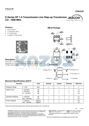 ETK4-2T datasheet - E-Series RF 1:4 Transmission Line Step-up Transformer 2.0 - 1000 MHz