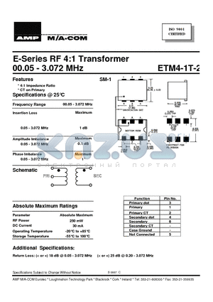 ETM4-1T-2 datasheet - 00.05 - 3.072 MHz E-Series RF 4:1 Transformer